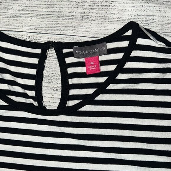 Vince Camuto Black White Stripe Asymmetrical Tunic Top 3/4 Sleeves Stretch sz M - Picture 5 of 9